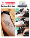 Tattoo stencil application process using Phomemo tattoo printer, showing stencil transfer and tattooing steps on skin