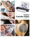 Tattoo transfer paper results created with Phomemo tattoo printer, shown on arms, back, and skin placement examples