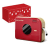 Red Phomemo A30 ribbon label maker paired with Christmas gift box, portable label printer for holiday ribbon printing and gift decoration