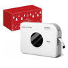 White Phomemo A30 ribbon label maker displayed with Christmas gift box, portable label printer for holiday gift wrapping and custom ribbon printing