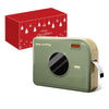 Green Phomemo A30 portable label maker shown with a red box in the background, featuring a compact rectangular design and front circular window.