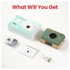 Phomemo A30 portable label maker box contents including label printer, ribbon tape cartridge, USB cable, and user manual