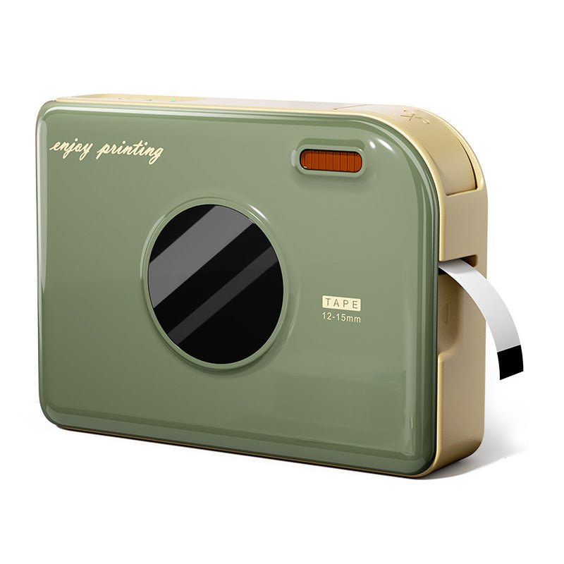 Phomemo A30 portable bluetooth label maker in green color, compact thermal label printer with ribbon tape loaded, front view showing tape outlet and control button