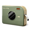 Phomemo A30 portable bluetooth label maker in green color, compact thermal label printer with ribbon tape loaded, front view showing tape outlet and control button
