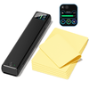 Phomemo M08F Plus portable tattoo stencil printer shown on a white background with touchscreen display visible, placed next to a stack of yellow tattoo transfer paper sheets