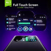 Phomemo M08F Plus touchscreen display showing battery level, brightness adjustment, calibration, Bluetooth status, and printer control icons