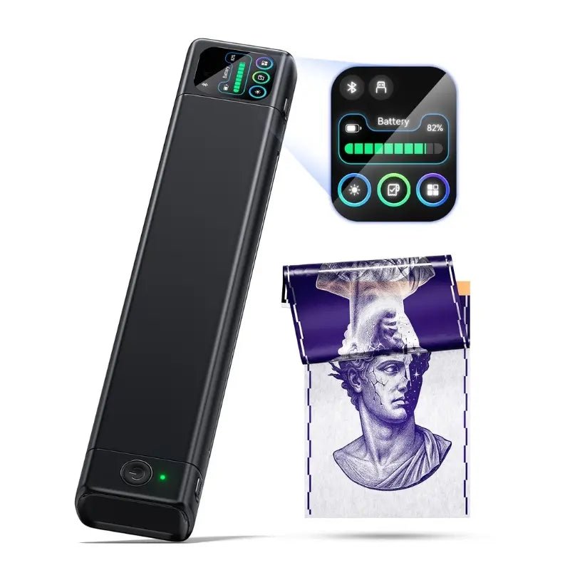 Phomemo M08F Plus portable tattoo stencil printer shown upright with touchscreen interface and a printed tattoo stencil design partially exiting the printer