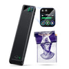 Phomemo M08F Plus portable tattoo stencil printer shown upright with touchscreen interface and a printed tattoo stencil design partially exiting the printer