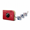 Red Phomemo A30 label maker with several transparent label tapes aligned horizontally.
