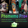 Colorful anime tattoo designs on arms and chest showcasing the new Line Art Filter and unlocked tattoo patterns service offered by the Phomemo Pro+ App subscription.
