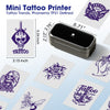 Phomemo mini tattoo printer with various printed stencil designs and paper sizes