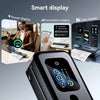 Smart touch display close-up showing battery level, connection status and on-screen user guide for portable Phomemo printer