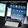 Compatibility graphic showing supported file types (PPT, Word, TXT, Excel, PDF, JPG) and Bluetooth/USB-C support for Windows/Mac/Android/iOS