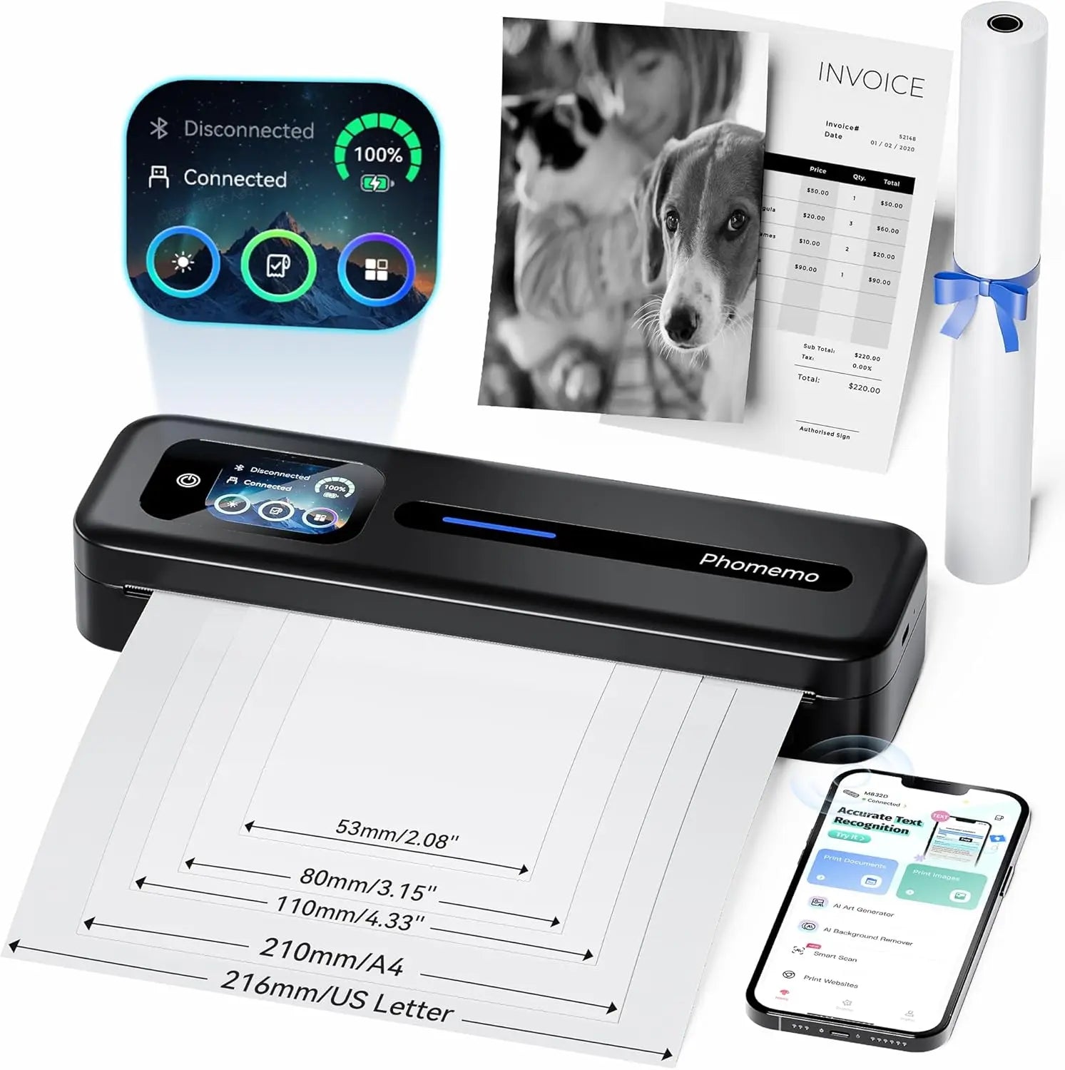 Phomemo portable thermal printer front view with touchscreen, prints multiple widths (53–216mm) for receipts and documents