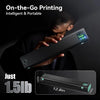 Person holding Phomemo M08D portable printer demonstrating compact size (12.8 in) and lightweight design (1.5 lb).