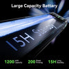 Illustration of Phomemo M08D large capacity battery — 1200 mAh, ~200 sheets printing, 15H standby.