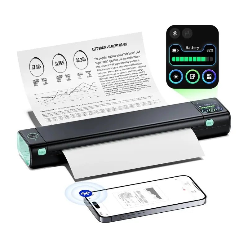 Phomemo M08D portable thermal printer printing an A4 document from a smartphone via Bluetooth with battery widget overlay.